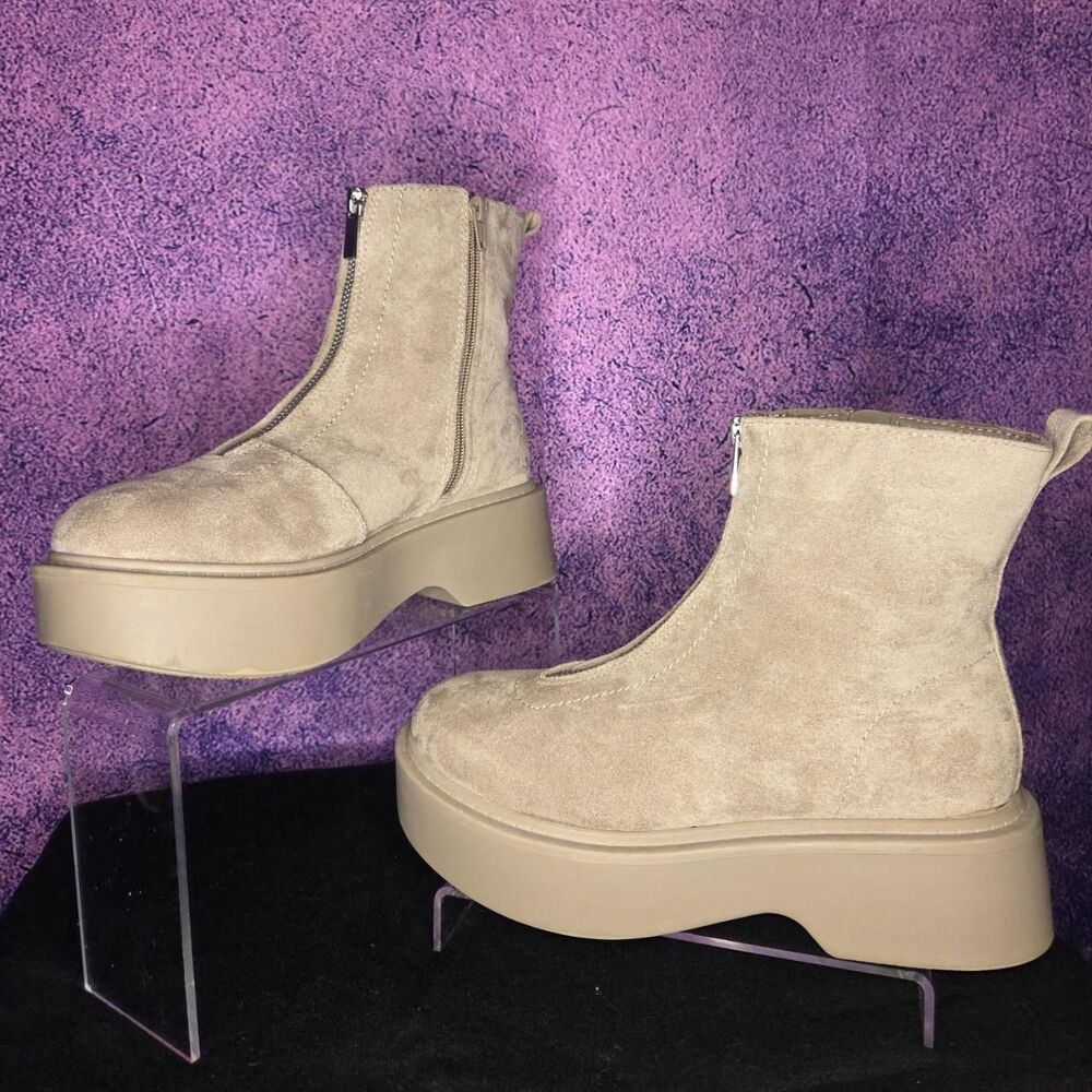 Portland Beige Suede 2" Platform Ankle Boots Clean Chunky Zip Up Minimalist 7